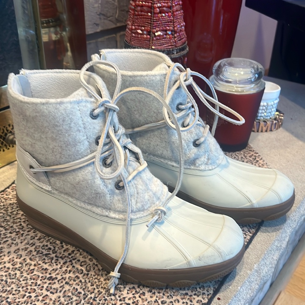 SPERRY: booties.  Size 7. Cream to white base color. Tan upper color.